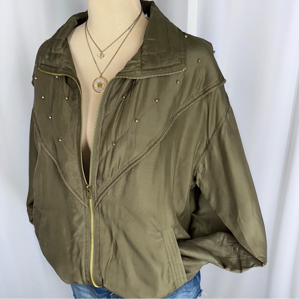 VTG EVR Jacket Sz S 100% Silk Bomber Windbreaker Olive‎ Green Beaded Punk Retro